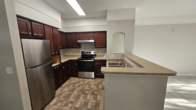 2801 Chancellorsville Dr Unit 1316, Tallahassee, FL 32312 - kitchen featuring appliances with stainless steel finishes, under cabinet range hood, a peninsula, a sink, and dark brown cabinetry