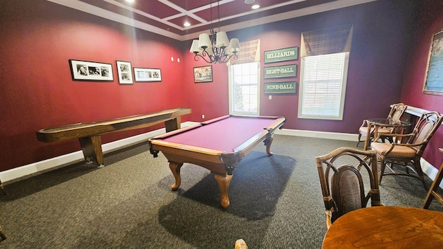 2801 Chancellorsville Dr Unit 1316, Tallahassee, FL 32312 - recreation room with baseboards, carpet floors, coffered ceiling, billiards, and recessed lighting