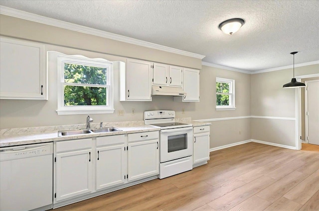 1538 Mclawrence Way, Tallahassee, FL 32317 - kitchen with white appliances, a sink, under cabinet range hood, a textured ceiling, and white cabinetry