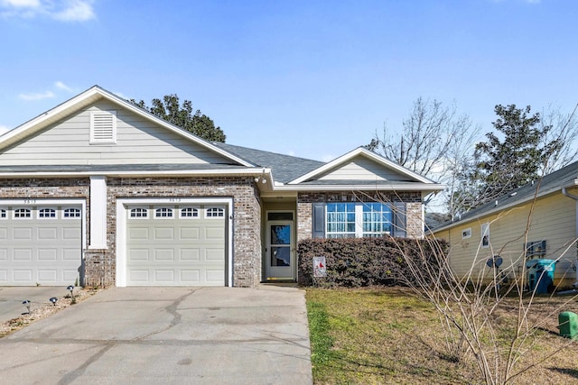 view of front of home with a garage, brick siding, driveway, and roof with shingles