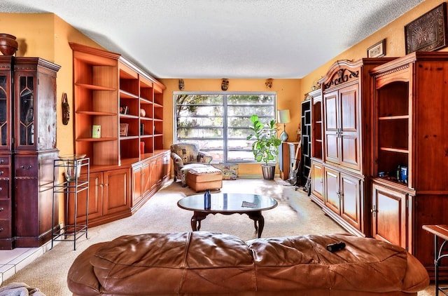 living area featuring a textured ceiling and light carpet