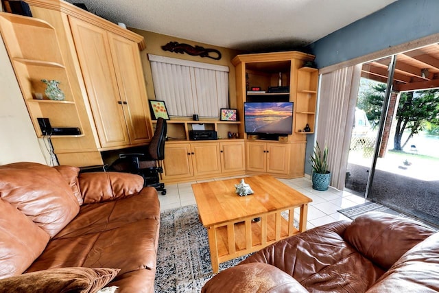 tiled living room featuring built in desk