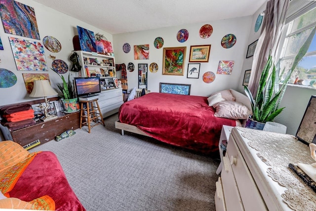 bedroom with carpet and a textured ceiling