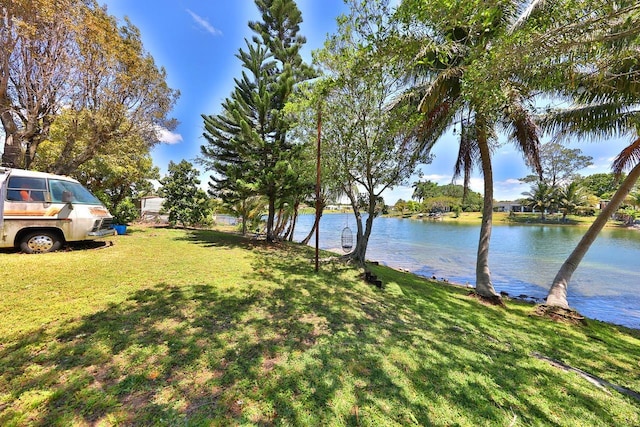 view of yard with a water view