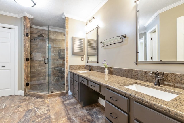 2304 Chester Ct, Tallahassee, FL 32312 - bathroom featuring marble finish floor, a sink, ornamental molding, and a stall shower