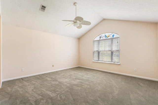 2304 Chester Ct, Tallahassee, FL 32312 - unfurnished room featuring vaulted ceiling, ceiling fan, carpet floors, baseboards, and visible vents