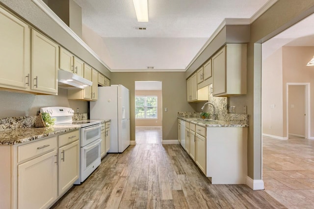 2304 Chester Ct, Tallahassee, FL 32312 - kitchen featuring light stone counters, a sink, white appliances, baseboards, and under cabinet range hood