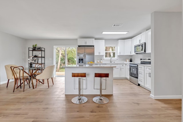 kitchen featuring a kitchen breakfast bar, white cabinets, stainless steel appliances, and a kitchen island