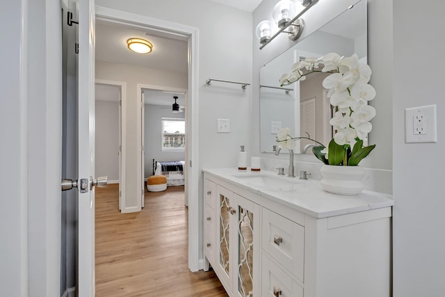 bathroom with hardwood / wood-style floors and vanity