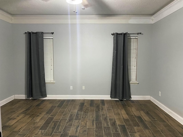 unfurnished room with ornamental molding, dark hardwood / wood-style flooring, and a textured ceiling