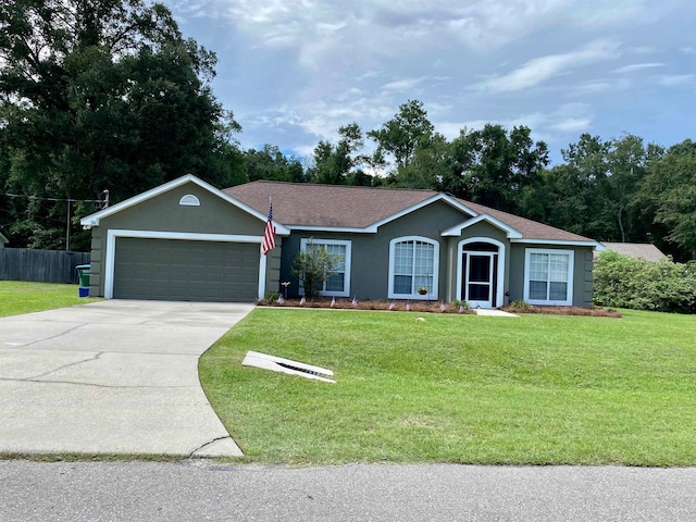 ranch-style house with a garage and a front yard