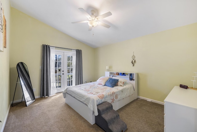 carpeted bedroom featuring lofted ceiling, a ceiling fan, baseboards, access to outside, and french doors