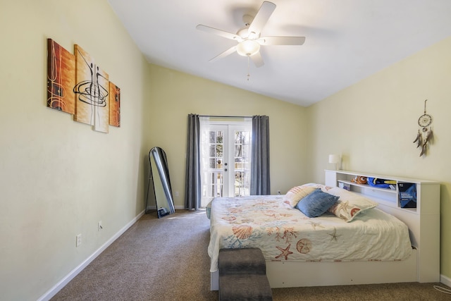 bedroom with vaulted ceiling, ceiling fan, french doors, and carpet