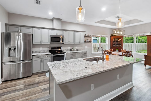 10732 Sycamore Ridge Ln, Tallahassee, FL 32305 - kitchen with appliances with stainless steel finishes, gray cabinetry, a sink, light wood-type flooring, and hanging light fixtures