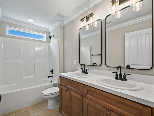 full bathroom with tile patterned flooring, vanity, toilet, ornamental molding, and bathtub / shower combination