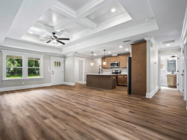 unfurnished living room featuring ceiling fan, sink, crown molding, coffered ceiling, and dark hardwood / wood-style flooring