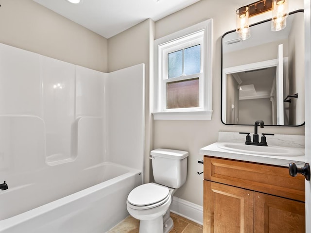 full bathroom featuring tub / shower combination, tile patterned floors, toilet, and vanity