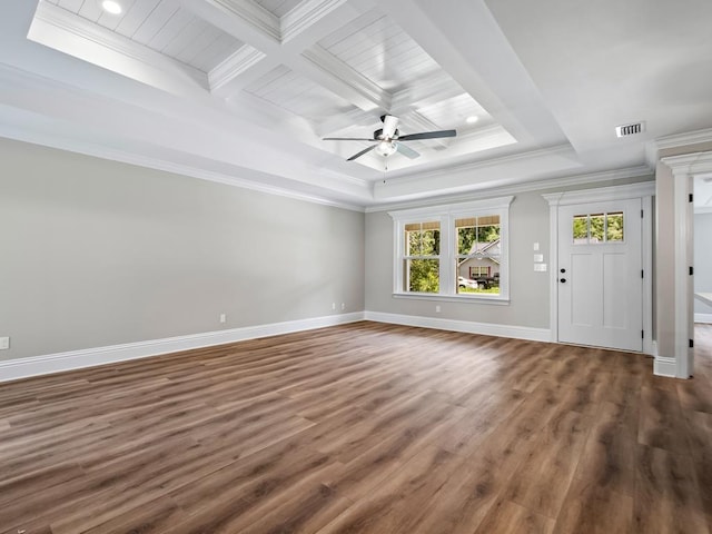 unfurnished living room featuring ceiling fan, dark hardwood / wood-style floors, beam ceiling, crown molding, and coffered ceiling