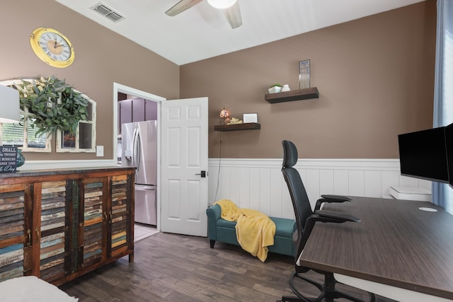 4557 Running Meadows Ln, Tallahassee, FL 32303 - office space with ceiling fan, a wainscoted wall, and dark wood-style flooring