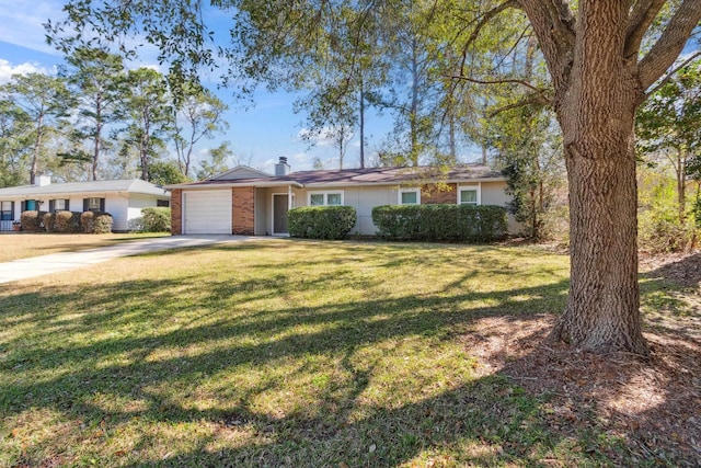 ranch-style house featuring a garage, brick siding, concrete driveway, a chimney, and a front yard