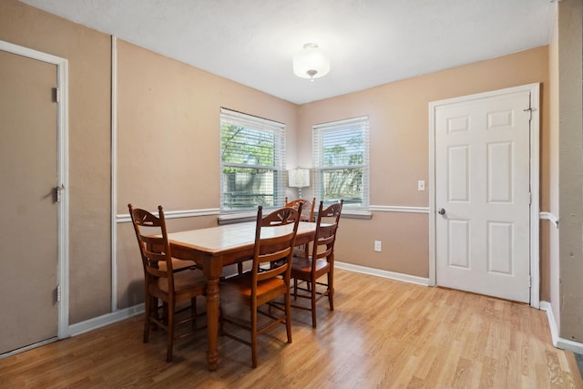 dining room featuring light wood-style flooring and baseboards