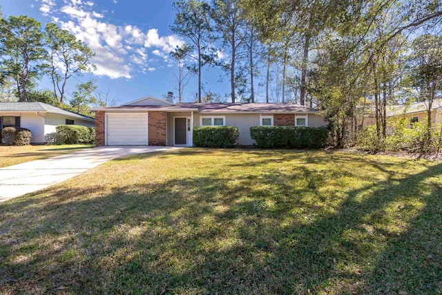 ranch-style house with driveway, an attached garage, a front lawn, and brick siding