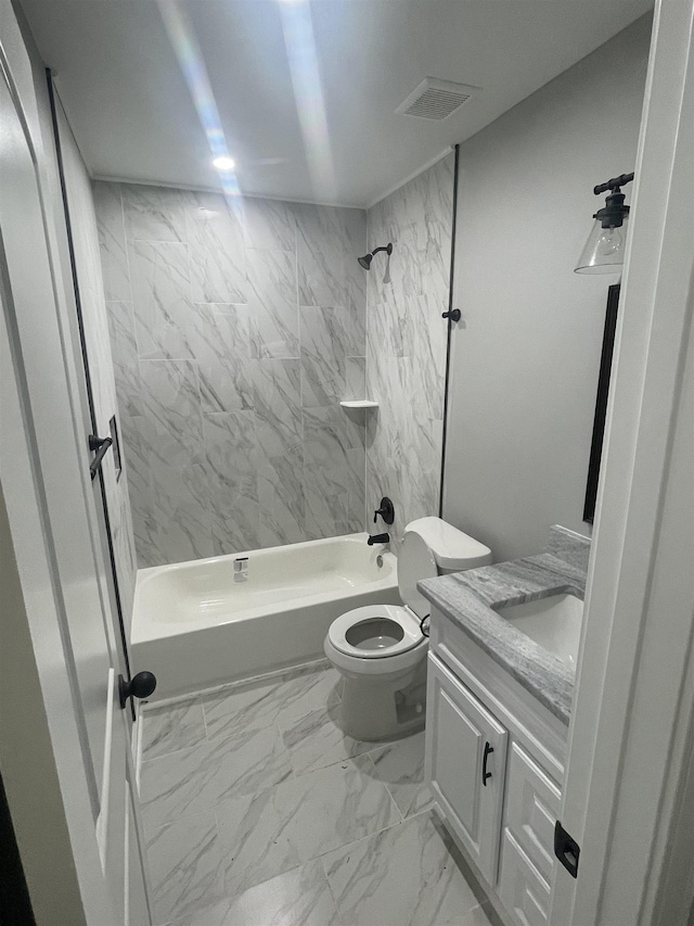 bathroom featuring vanity, shower / bathtub combination, toilet, marble finish floor, and visible vents