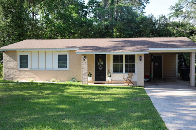 ranch-style house featuring a front lawn, an attached carport, driveway, board and batten siding, and roof with shingles