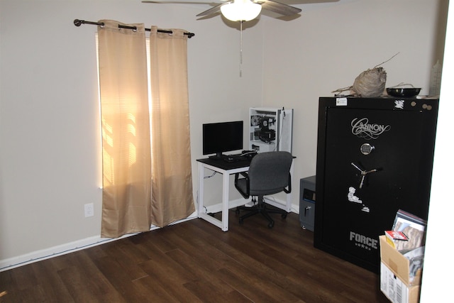 home office featuring dark hardwood / wood-style floors and ceiling fan