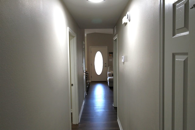 corridor with dark hardwood / wood-style flooring