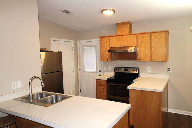 kitchen with stainless steel appliances, dark hardwood / wood-style floors, kitchen peninsula, and sink