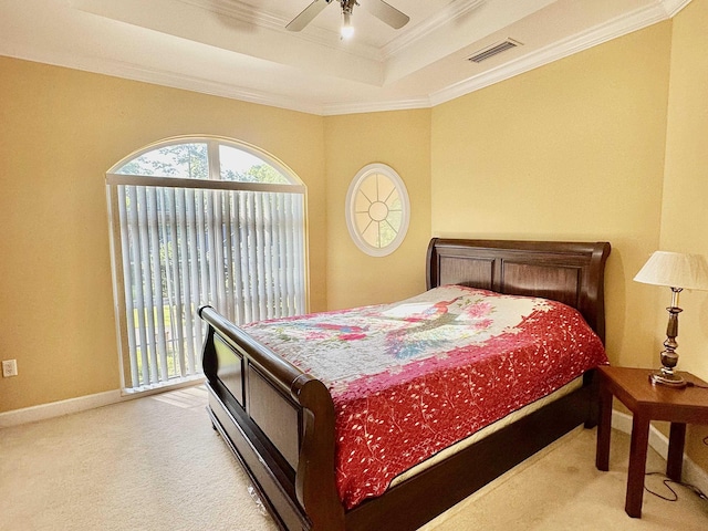 10 Yvonne Ct, Havana, FL 32333 - bedroom featuring carpet flooring, ornamental molding, a tray ceiling, and a ceiling fan