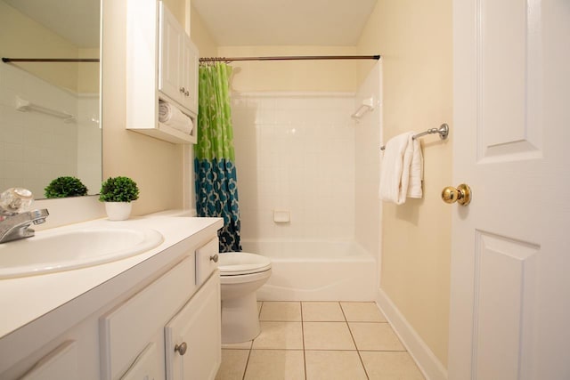 full bathroom with tile patterned floors, vanity, toilet, and shower / tub combo with curtain