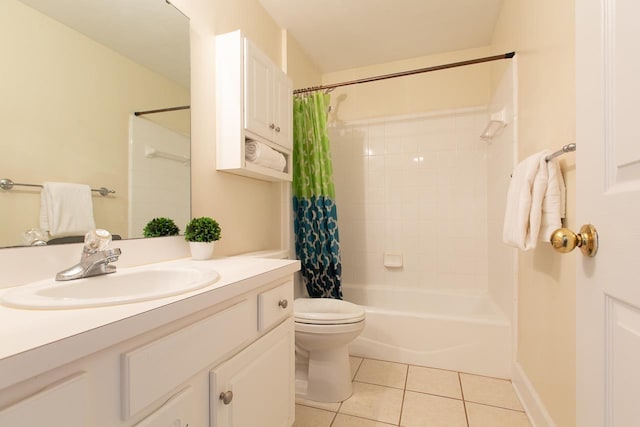 full bathroom with tile patterned flooring, vanity, toilet, and shower / tub combo with curtain