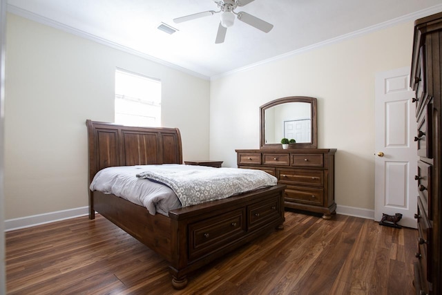 bedroom featuring ceiling fan, crown molding, and dark wood-type flooring