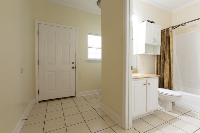 full bathroom with tile patterned floors, vanity, shower / tub combo with curtain, and ornamental molding