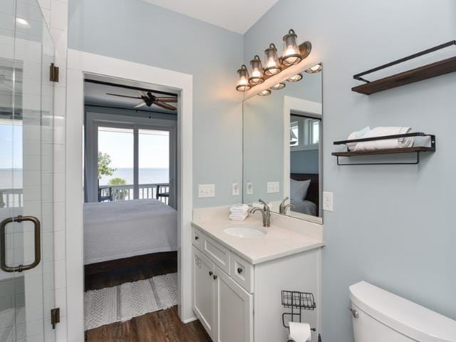 bathroom with toilet, a ceiling fan, a stall shower, vanity, and ensuite bath