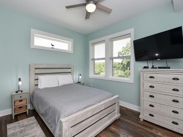 bedroom with a ceiling fan, multiple windows, dark wood finished floors, and baseboards