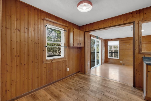 interior space featuring a healthy amount of sunlight, a textured ceiling, wooden walls, and light wood-type flooring