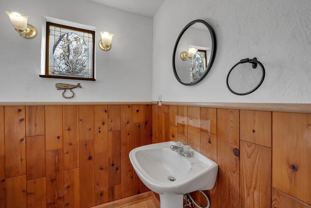 bathroom with sink and wooden walls