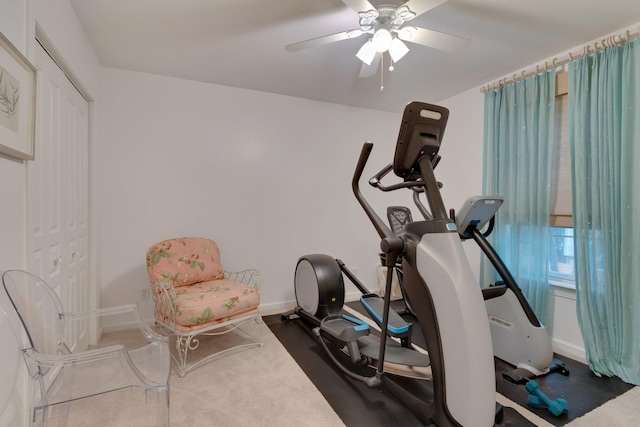 workout area with carpet floors and ceiling fan