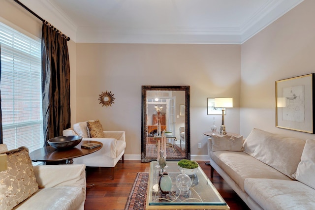 living room featuring dark wood-type flooring and ornamental molding