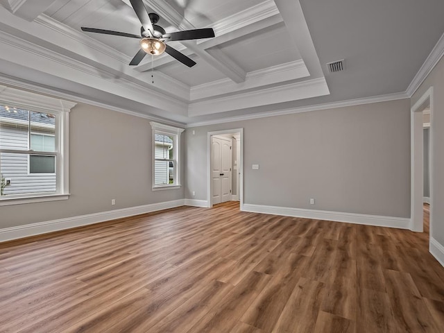 unfurnished room featuring ceiling fan, crown molding, and hardwood / wood-style flooring