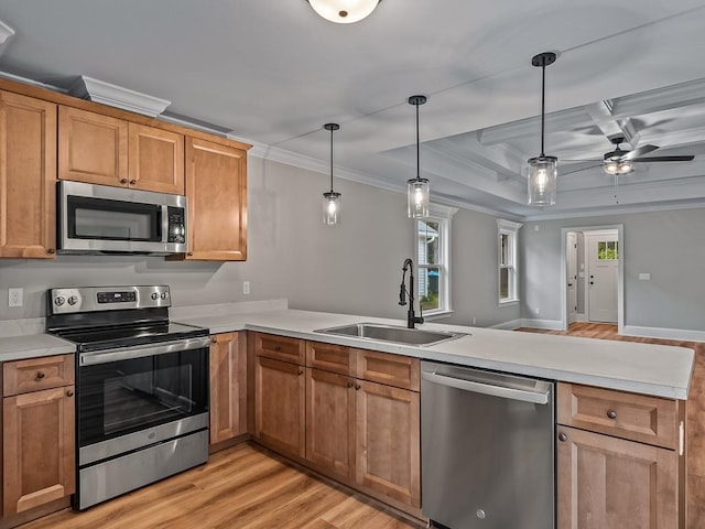 kitchen featuring kitchen peninsula, appliances with stainless steel finishes, hanging light fixtures, crown molding, and sink