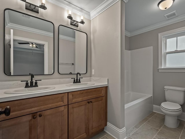 full bathroom with toilet, ceiling fan, washtub / shower combination, tile patterned floors, and vanity