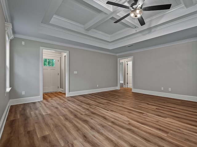 unfurnished room featuring coffered ceiling, ceiling fan, crown molding, and wood-type flooring