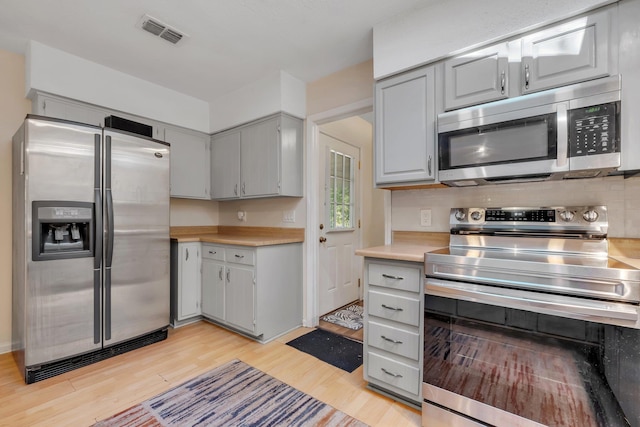 kitchen featuring gray cabinetry, light wood-type flooring, and appliances with stainless steel finishes