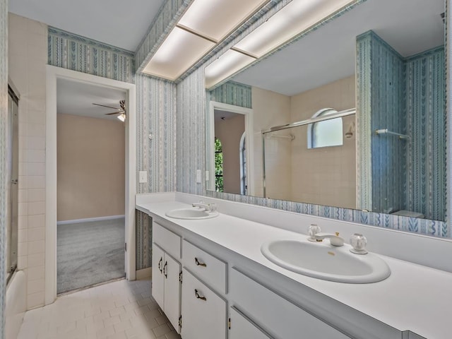 bathroom with shower / tub combination, ceiling fan, tile patterned flooring, and vanity