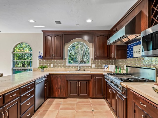 kitchen featuring wall chimney range hood, appliances with stainless steel finishes, tasteful backsplash, and sink