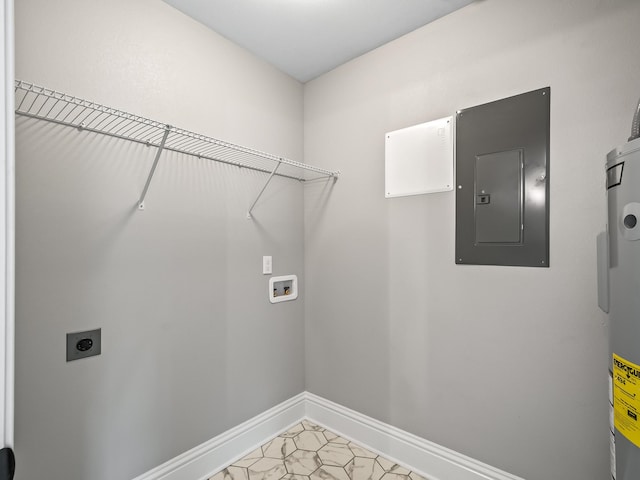 clothes washing area featuring hookup for an electric dryer, hookup for a washing machine, water heater, tile patterned flooring, and electric panel